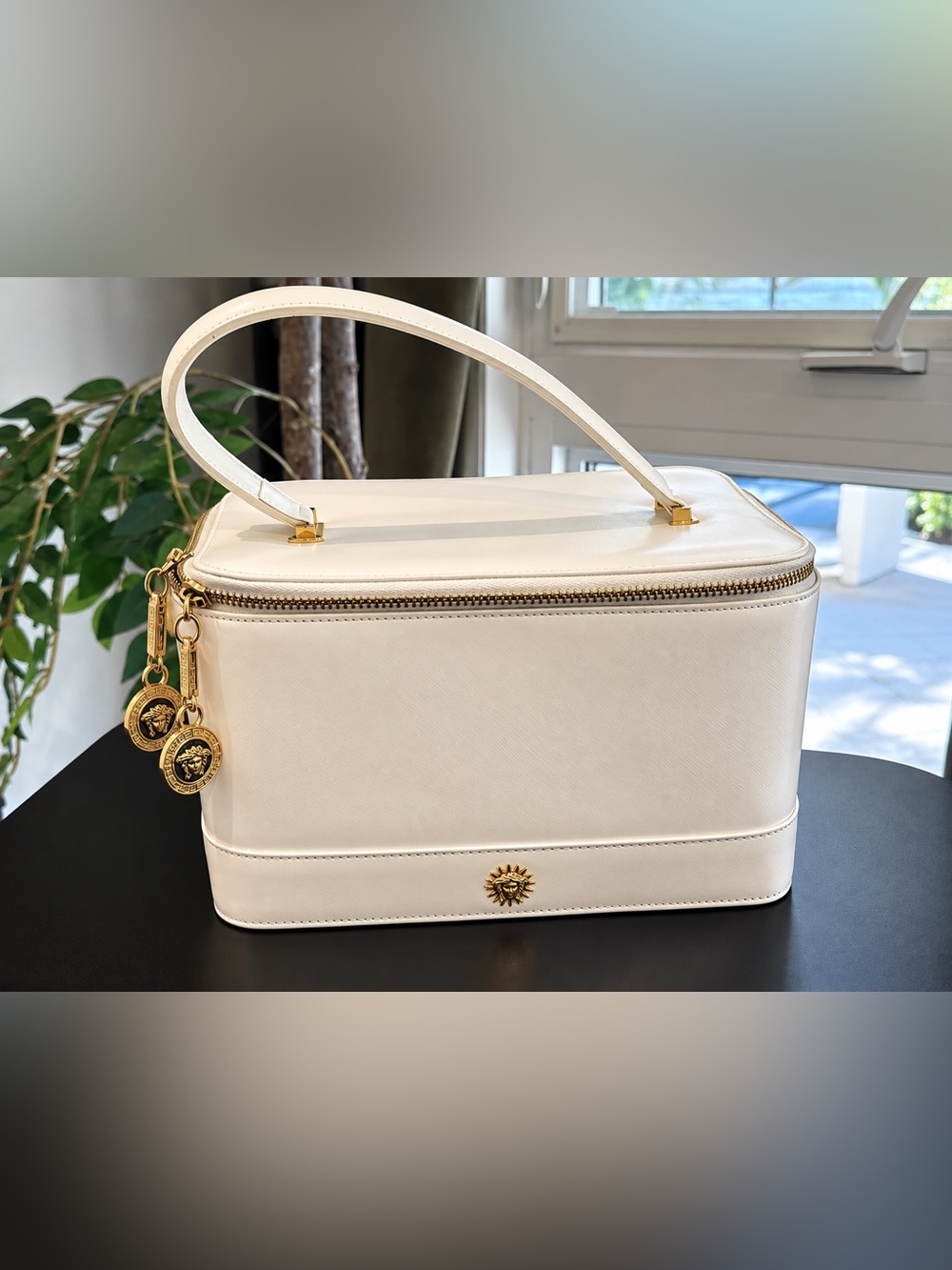 Vintage Gianni Versace Vanity Train Case Ivory White Medusa Gold Hardware Mirror
